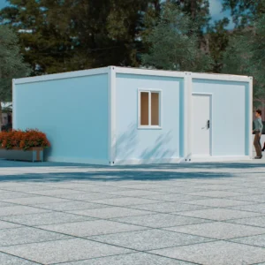 Modern duplex villa, light blue facade with white frame.