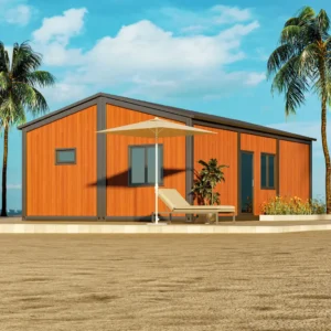 Modern gabled wood house.