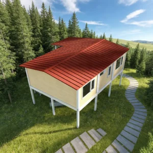 Verre panoramique et pilotis.