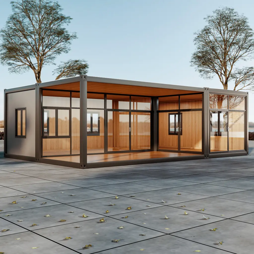 L-shaped porch modular house.