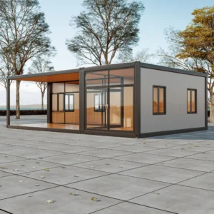 Panoramic glass facade view.