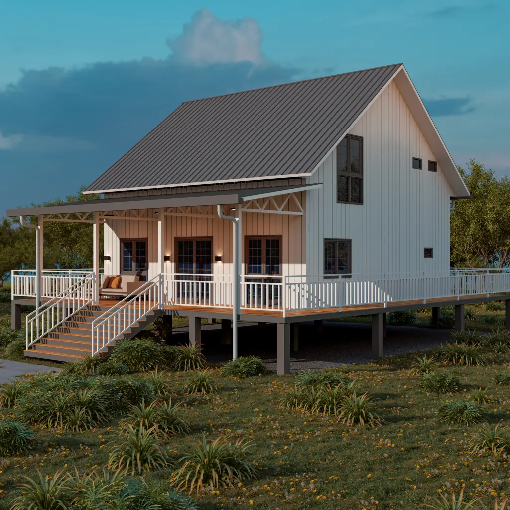 واجهة زجاجية بانورامية مع سطح خشب خارجي.