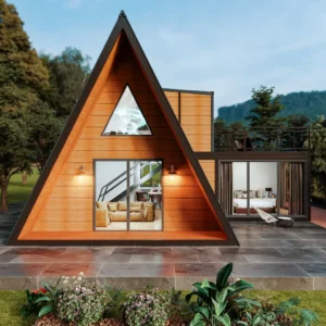 Modern 2-story A-frame villa exterior.