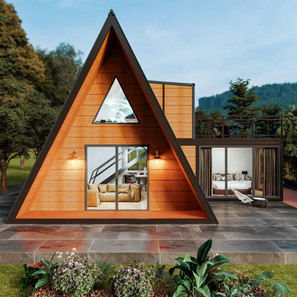 Modern 2-story A-frame villa exterior.