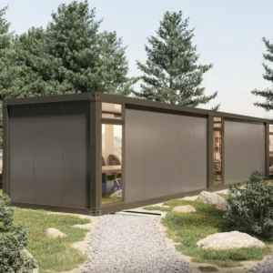 Panoramic glass facade of a modern modular building.