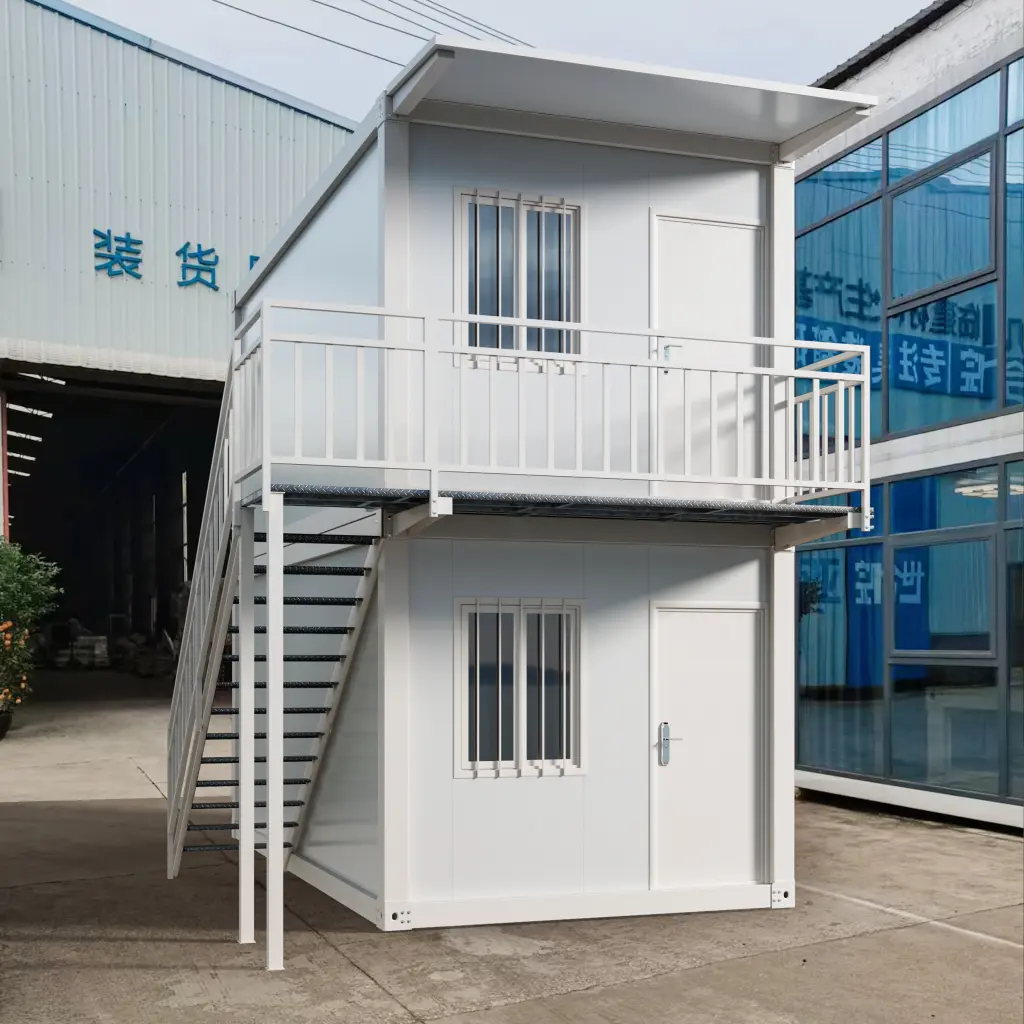 White standard double-storey flat-pack container house.