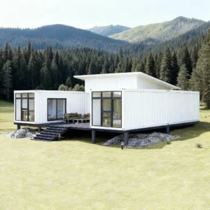 Central courtyard with wood deck in a U-shaped prefab home.