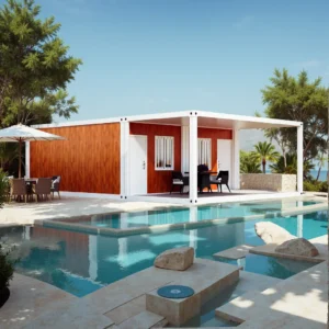 View from interior showing wood grain finish and porch.