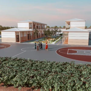 Modular dormitory rooms and gym.