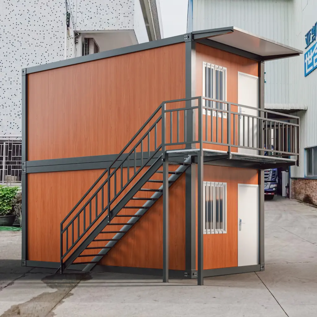 Large orange wood-grain double-storey container dormitory.