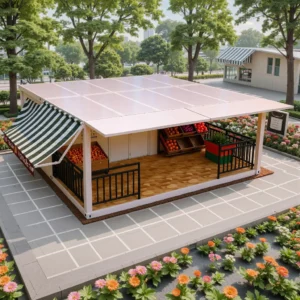 Functional interior of a retail pod with shelving and counters.