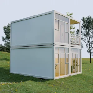 container home two story with rooftop solar panels