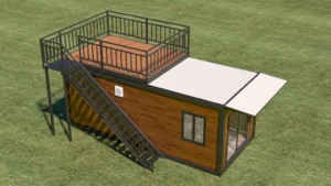 Wood-grain house with terrace.