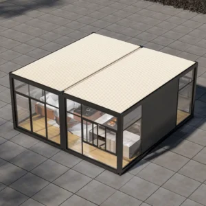 Panoramic glass office facade.