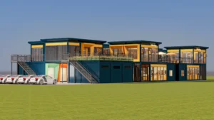 Steel structure and glass wall.