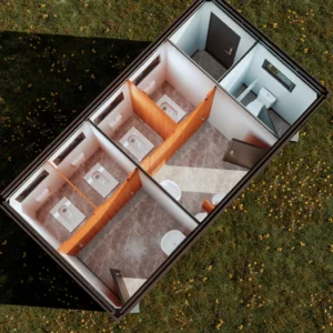 Multi-stall modular container restroom.