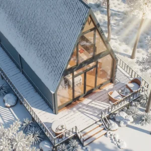 Luxury interior with floor-to-ceiling glass wall.