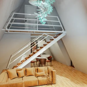 Interiör av loftvardagsrum med takhöjd.