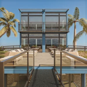 Luxury double-storey container villa with ocean view and wood grain cladding.