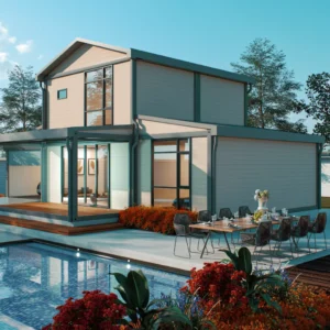 Villa dúplex con techo de dos aguas.