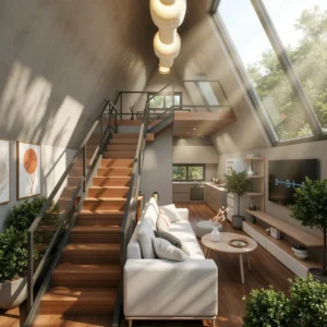 Heavy-duty steel frame for A-frame prefab house.