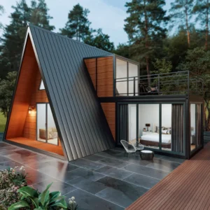 High-ceiling panoramic loft interior.