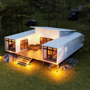 Central courtyard with wood deck in a U-shaped prefab home.