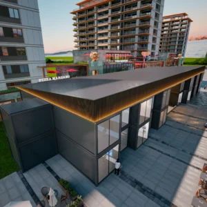 Panoramic glass facade of business building.