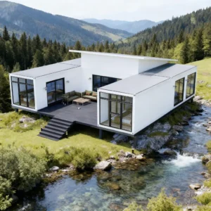 Modern white U-shaped modular villa with minimalist design.