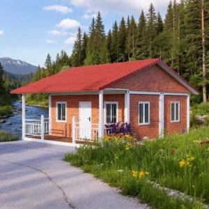 Casa prefabbricata tetto rosso.