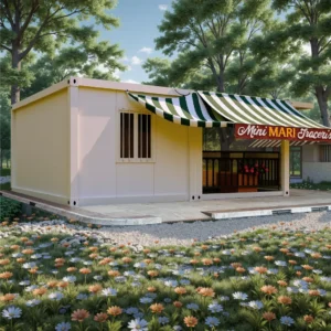 Modern open-front mobile retail kiosk for news and snacks.