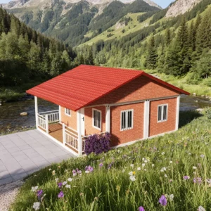 Dettaglio tetto spiovente rosso.