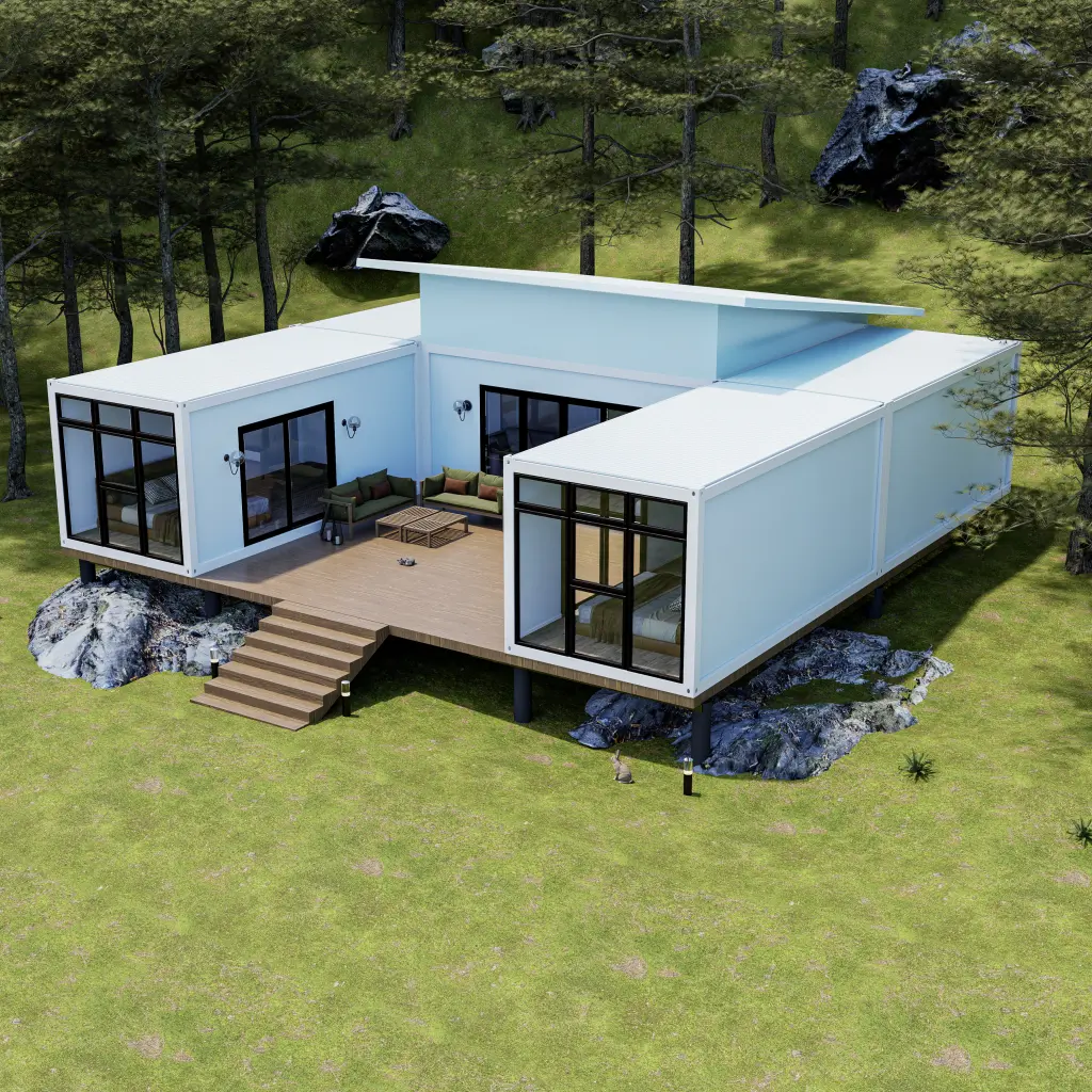 Modern white U-shaped modular villa with minimalist design.