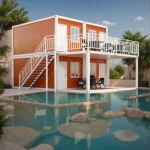 Orange frame container house with wood grain cladding.