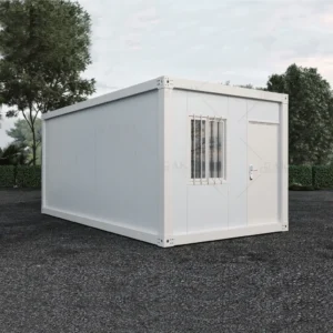 Luxury glass container villa with sunset reflection.