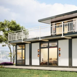 Spacious upper-level balcony of a modular home.