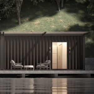 Modern interior of an industrial-style timber cabin.