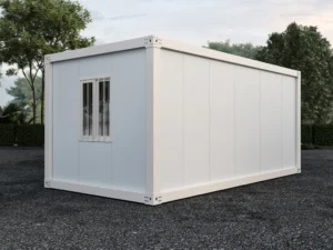 Interior view of a modular cabin with glass walls.