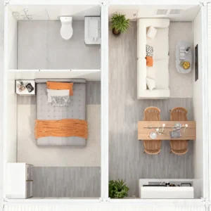 Row of prefab container cabins with front porches for resorts.