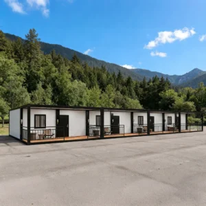 Close-up of a wooden deck porch on a modular container home.