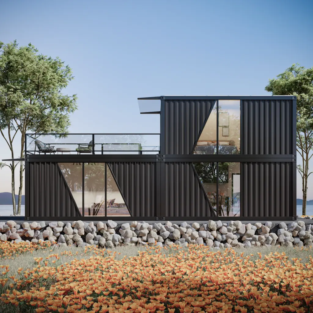 Modern industrial 2-story container villa exterior.