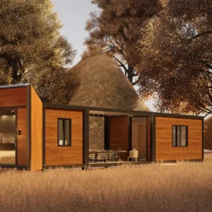 Cozy interior of a flat-pack container home with modern kitchen.