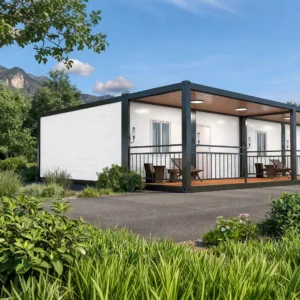 Durable flat-roof structure of a prefabricated container unit.