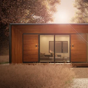 Minimalist bedroom design inside a portable modular house.