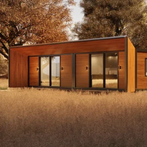 Modern wood grain container house exterior with glass wall.