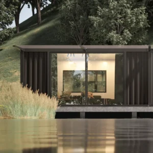 Modern industrial holiday house with carbonized wood-grain.