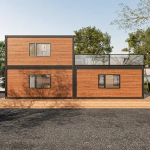 Luxury double storey container villa with wood grain cladding and large glass walls.