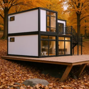 Panoramic corner glass walls of a modular home.