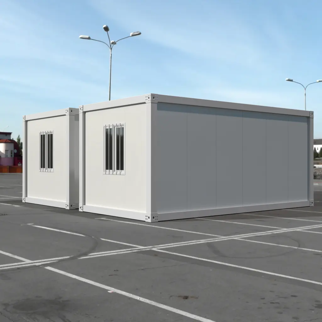 Galvanized steel frame and corner joints of flat-pack unit.