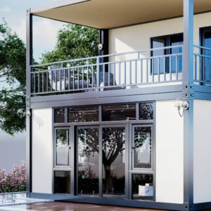 Luxury container villa with night lighting.